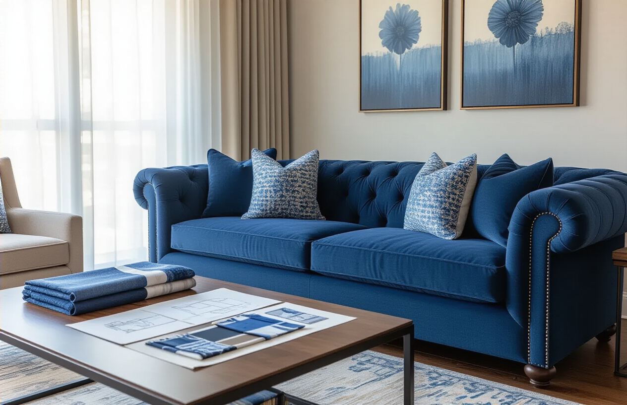 Create a realistic image of a luxurious living room featuring a newly upholstered custom sofa in rich blue fabric, with decorative throw pillows, situated against a modern wall, with a coffee table in front displaying fabric swatches and design sketches, soft natural lighting streaming through sheer curtains, conveying a sense of satisfaction and completion of a professional upholstery project.